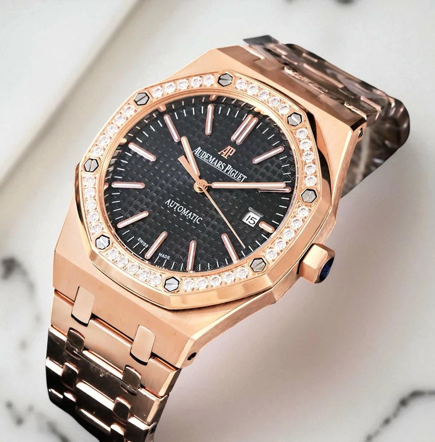 Audemars Piguet Royal Oak Black Dial Diamond Bezel Rose Gold Watch Pakistan 1765830885 14165dc7