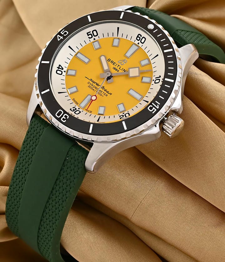 Breitling Superocean Automatic Yellow Dial Green Rubber Straps Watch