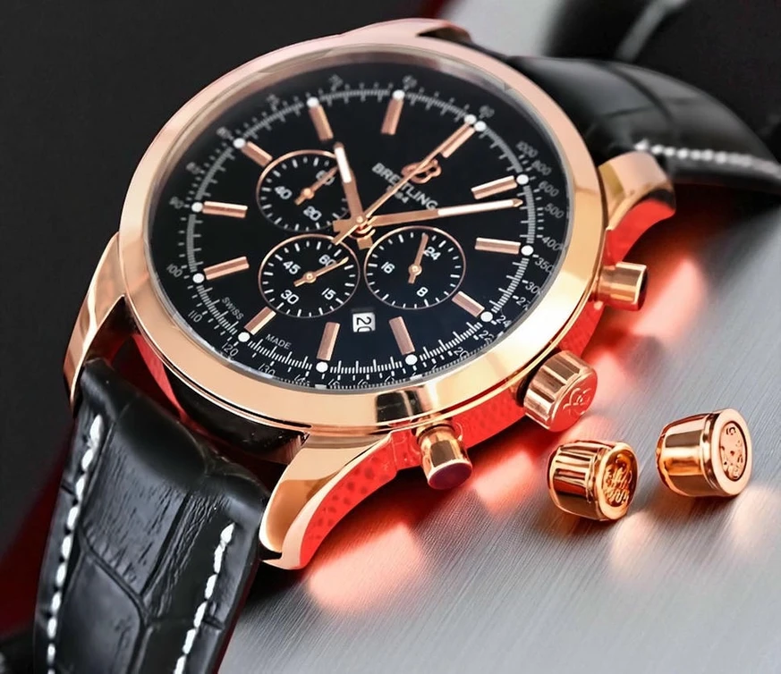 Breitling Transocean Chronograph Black Dial Black Leather Strap Watch 1 Pakistan