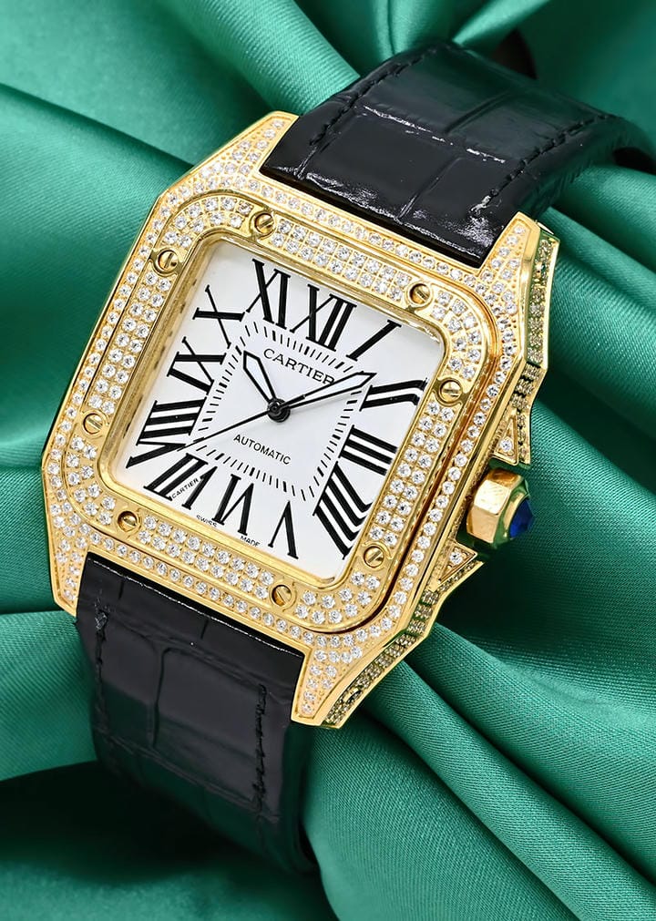 Cartier Santos 100 Diamond Bezel Black Straps Watch 3