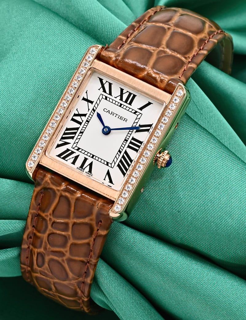 Cartier Tank Solo Brown Leather Strap Diamond Bezel Watch