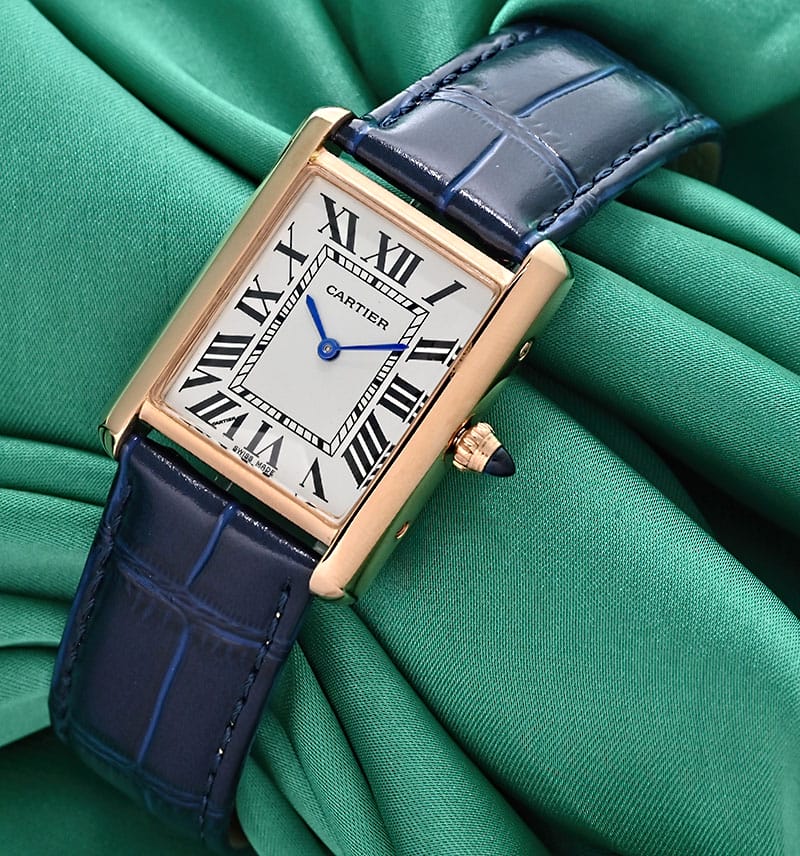 Cartier Tank Solo Rose Gold Blue Leather Straps Watch