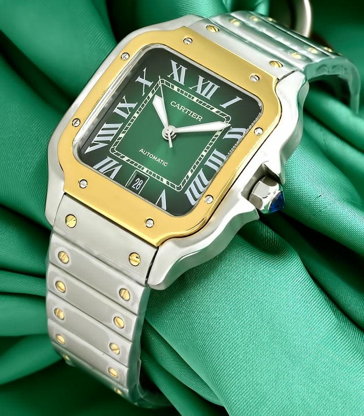 Santos De Cartier Green Dial Two Tone Watch