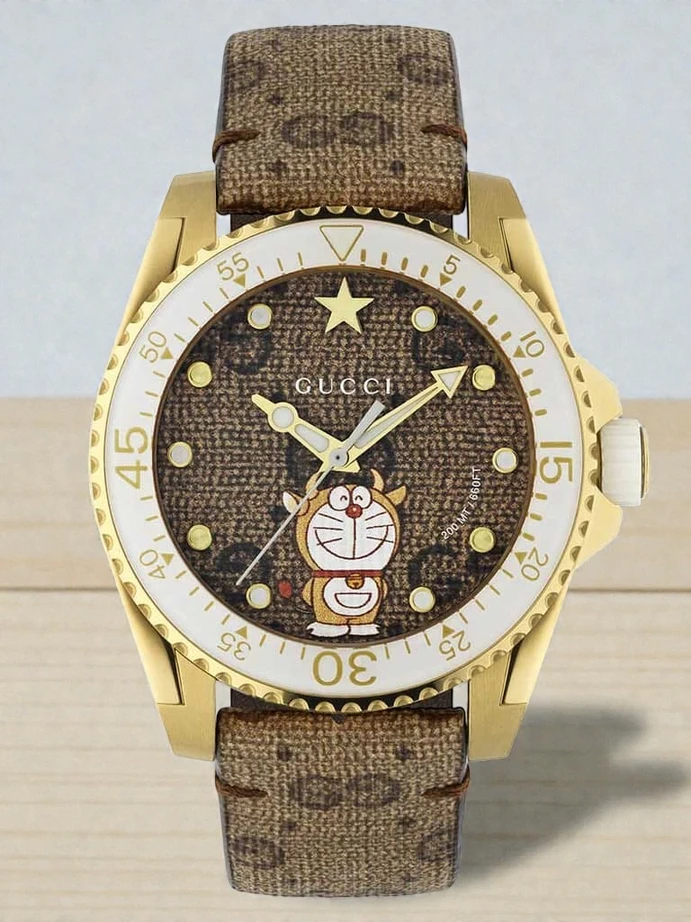 Gucci Dive Doraemon Brown Dial Brown Leather Strap Watch For Men 1768330996 C6645120