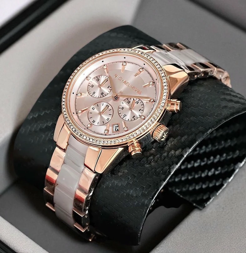 Michael Kors Ritz Quartz Chronograph Rose Dial Rose Gold Tone Pink Acetate Ladies Watch Pakistan