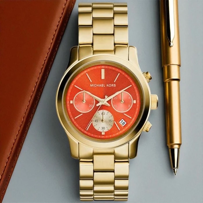 Michael Kors Runway Orange Dial Womens Mk6162 Gold Chronograph Watch Pakistan