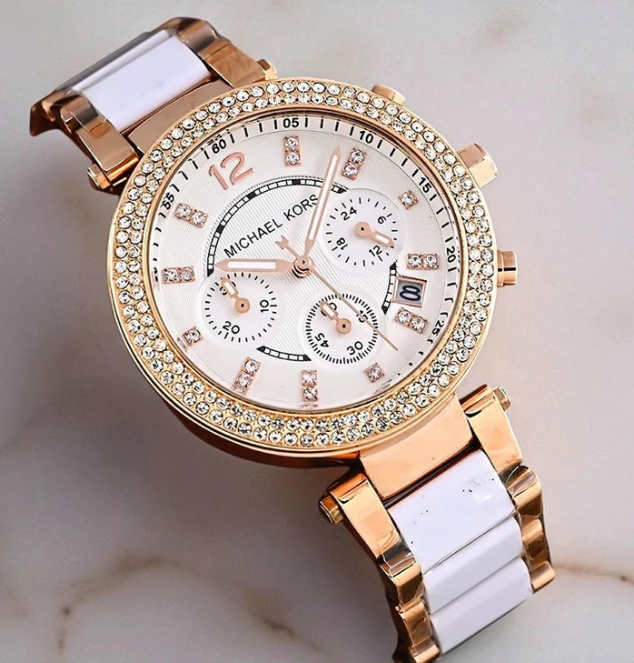 Michael Kors Women S Mk5774 Parker Rose Gold And White Watch Pakistan
