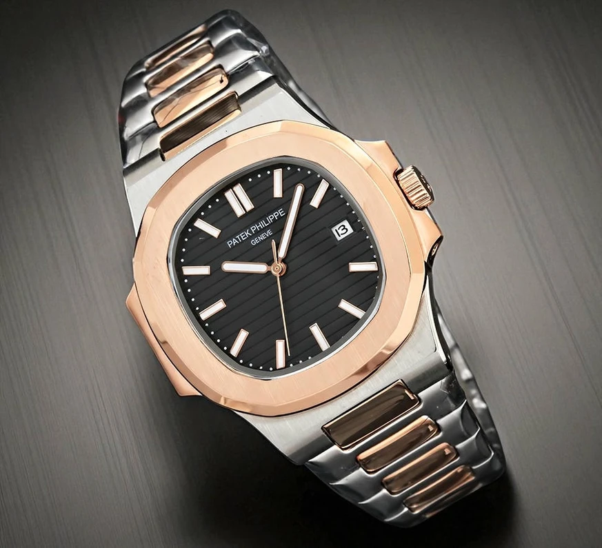 Patek Philippe Nautilustwo Tone Rose Gold And Stainless Steel Black Dial Watch Pakistan