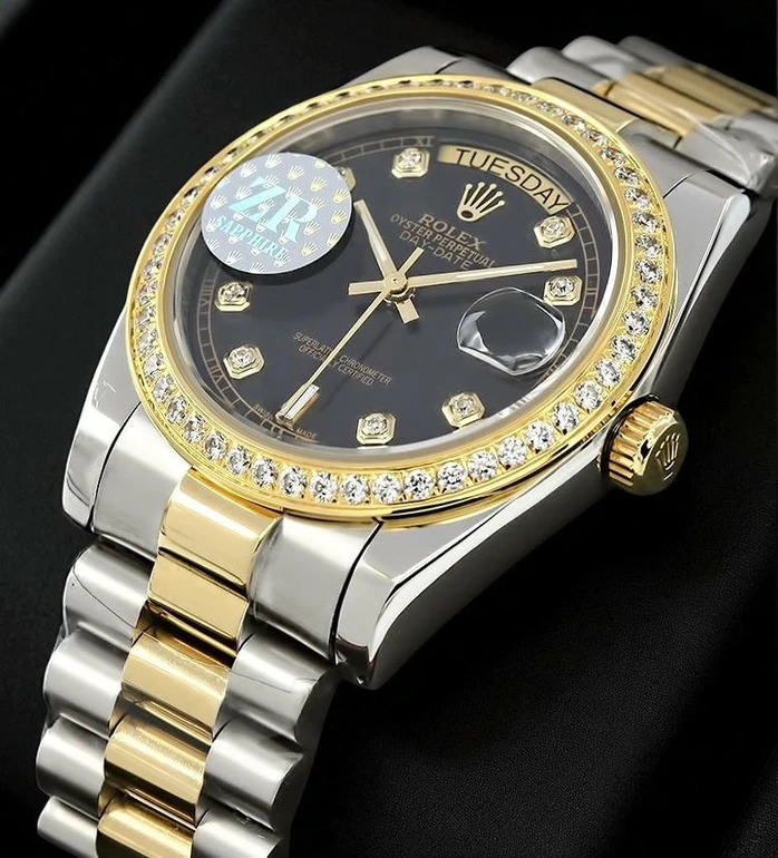 Rolex Day Date Two Tone Diamond Bezel Diamond Black Dial Swiss Watch Compressed Pakistan 1765832250 9bf56836
