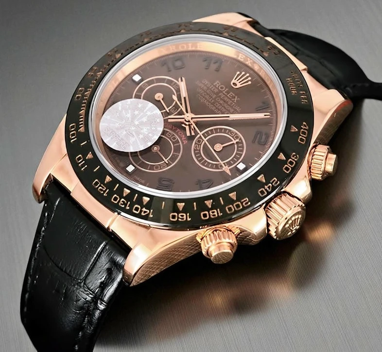 Rolex Daytona Rose Gold Chocolate Brown Dial Tachymeter Engraved Bezel Black Leather Strap Watch Pakistan