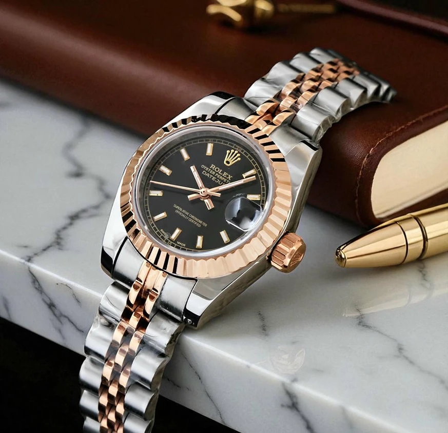 Rolex Datejust Black Dial Rose Gold Fluted Bezel Two Tone Ladies Watch Pakistan