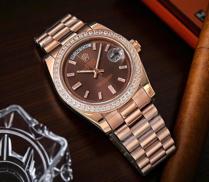 Rolex Day Date Brown Dial Diamond Bezel Rose Gold Watch Pakistan