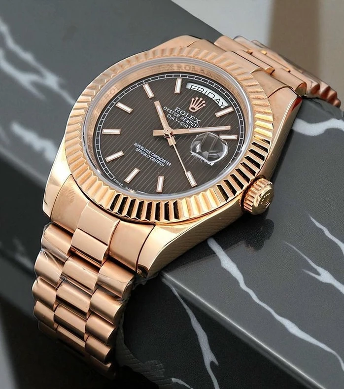 Rolex Day Date Brown Stripe Dial Rose Gold Watch Pakistan