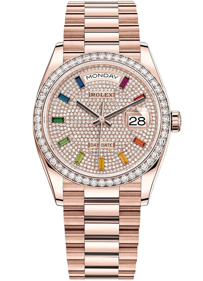 Rolex Day Date Rainbow Pave Diamond Dial Rose Gold 128345rbr 0042 Watch Pakistan