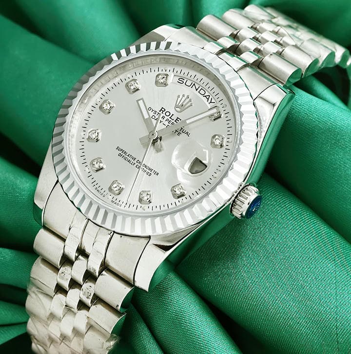 Rolex Day Date Silver Diamond Dial Watch 1