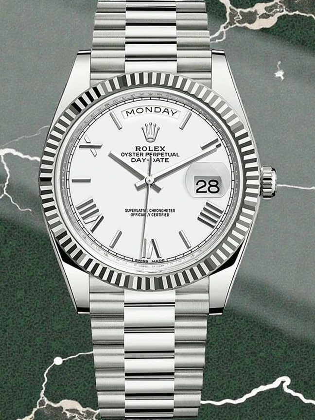 Rolex Day Date White Roman Dial Fluted Bezel President Bracelet Watch