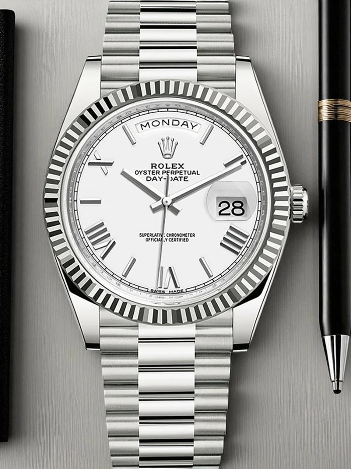 Rolex Day Date White Roman Dial Fluted Bezel President Bracelet Watch Pakistan