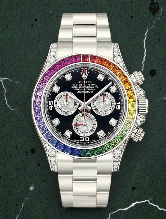 Rolex Daytona Black Diamond Multi Colored Gem Sapphire Rainbow Watch
