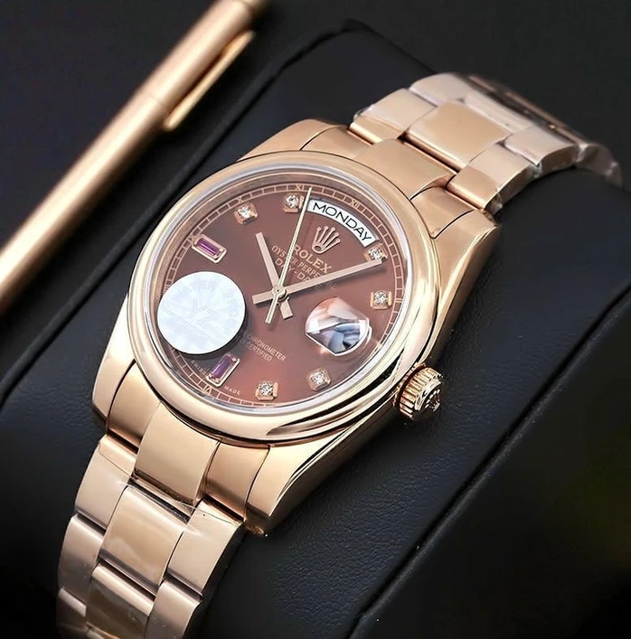 Rolex Everose Gold Day Date Chocolate Baguette Diamond Dial Watch Pakistan