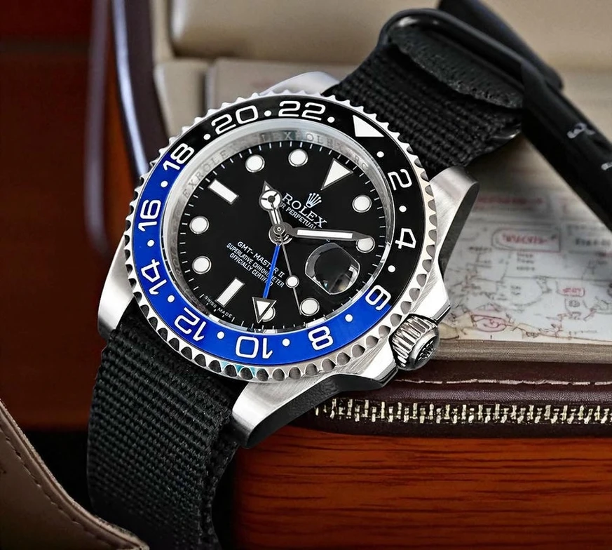Rolex Gmt Master Ii Blue And Black Ceramic Bezel Black Dial Black Nato Strap Watch Pakistan