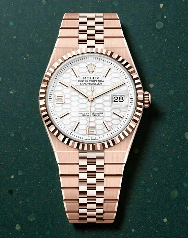Rolex Land Dweller Watch In Everose Gold With A White Honeycomb Dial Watch