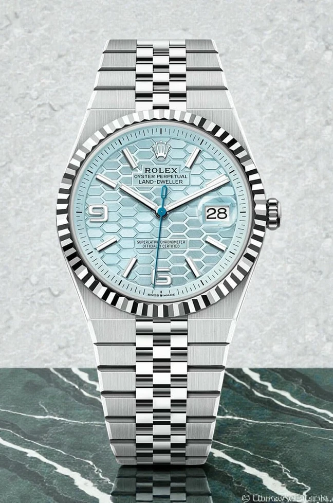 Rolex Land Dweller Watch With A Light Blue Honeycomb Motif Dial Watch